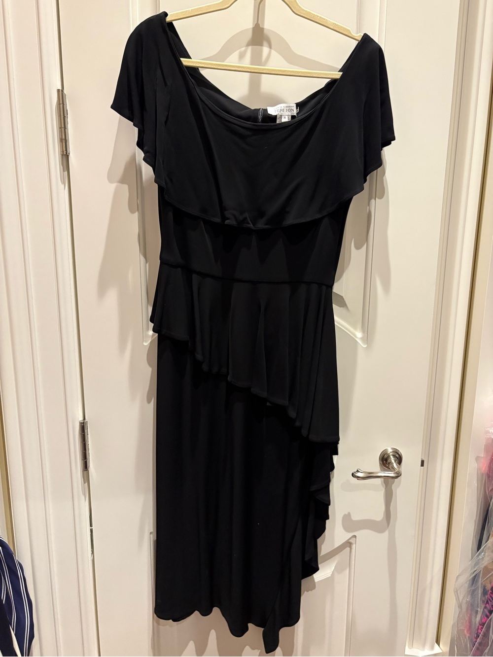 Teri Jon Black Asymmetrical Ruffle Off-Shoulder Dress